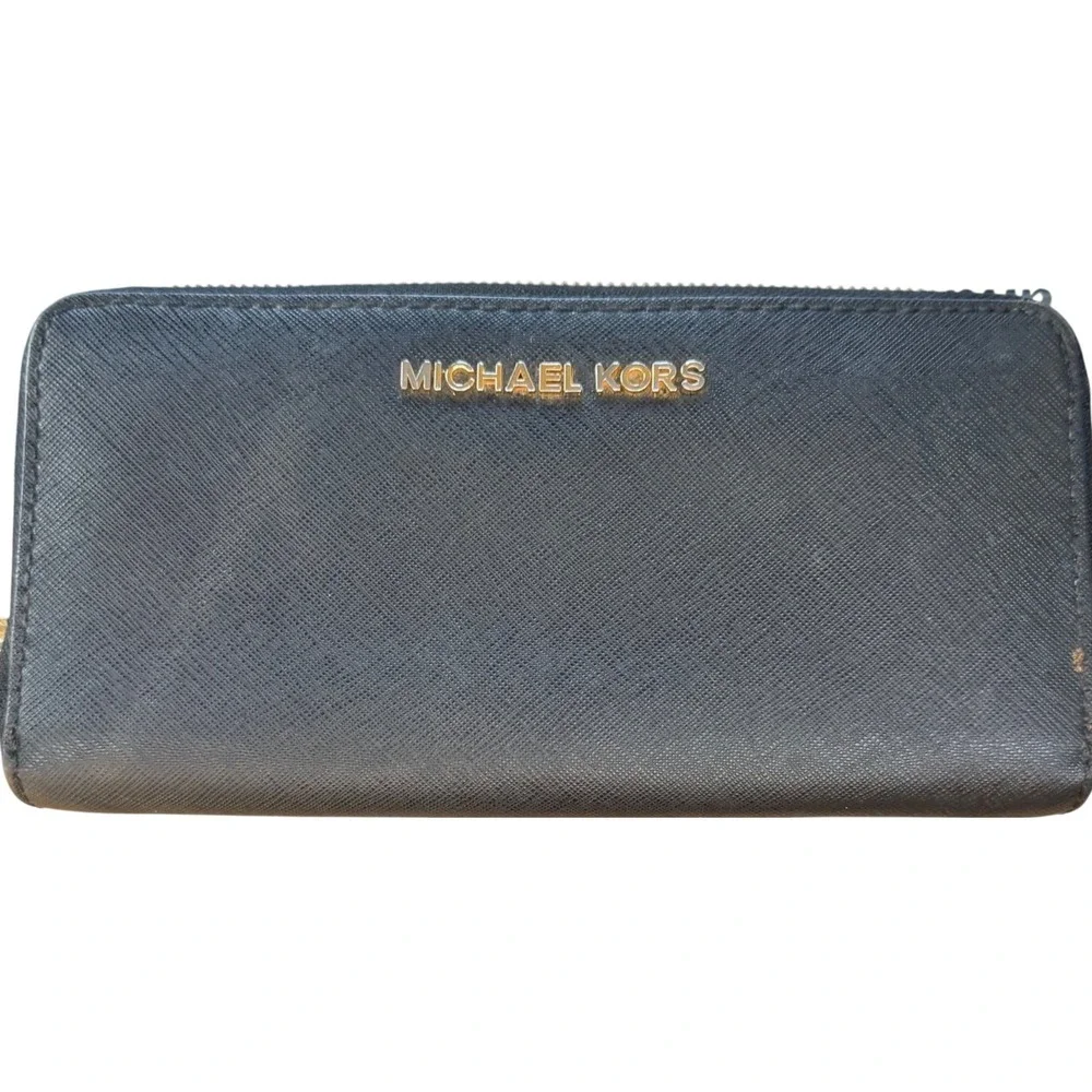 Michael Kors Wallet Womens Black Saffiano Leather Zip Around Jet Set Minimalist